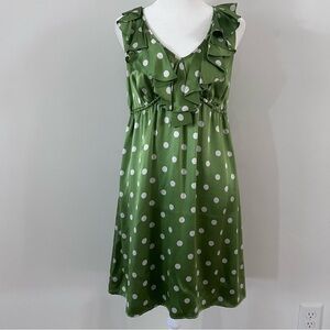 LOFT Green & White Silk Polka Dot Ruffle Keyhole back Dress | Size 4|